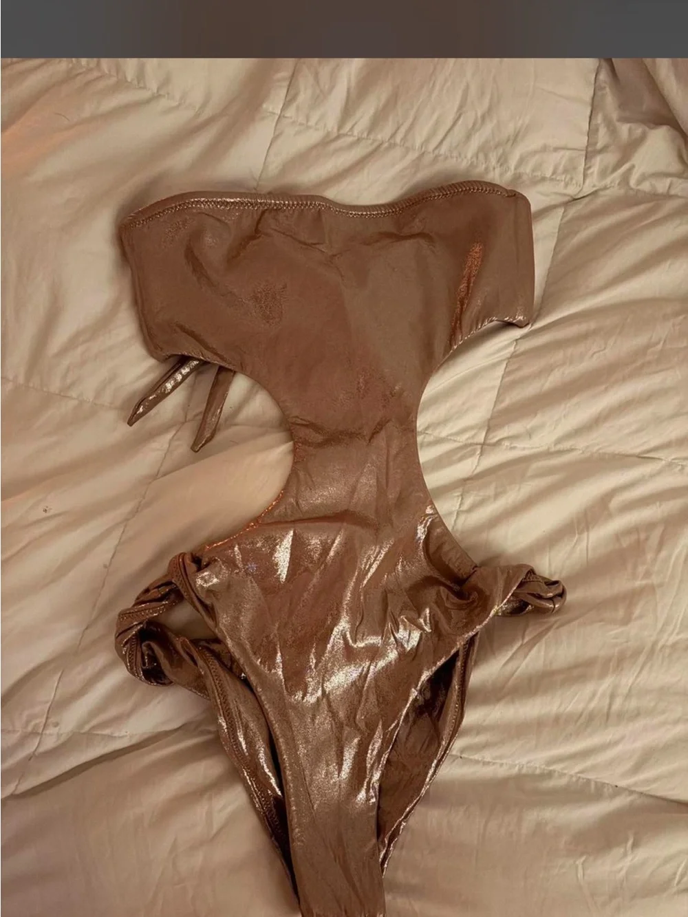 SKIMS Metallic Rose Gold Strapless Cutout One-Piece Swimsuit